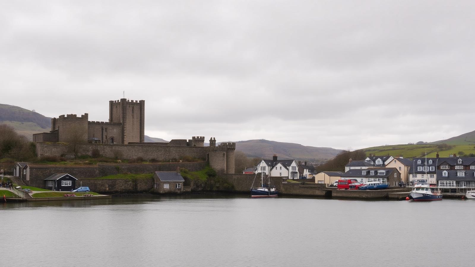 Conwy castle, town walls and slate-roofed harbour houses