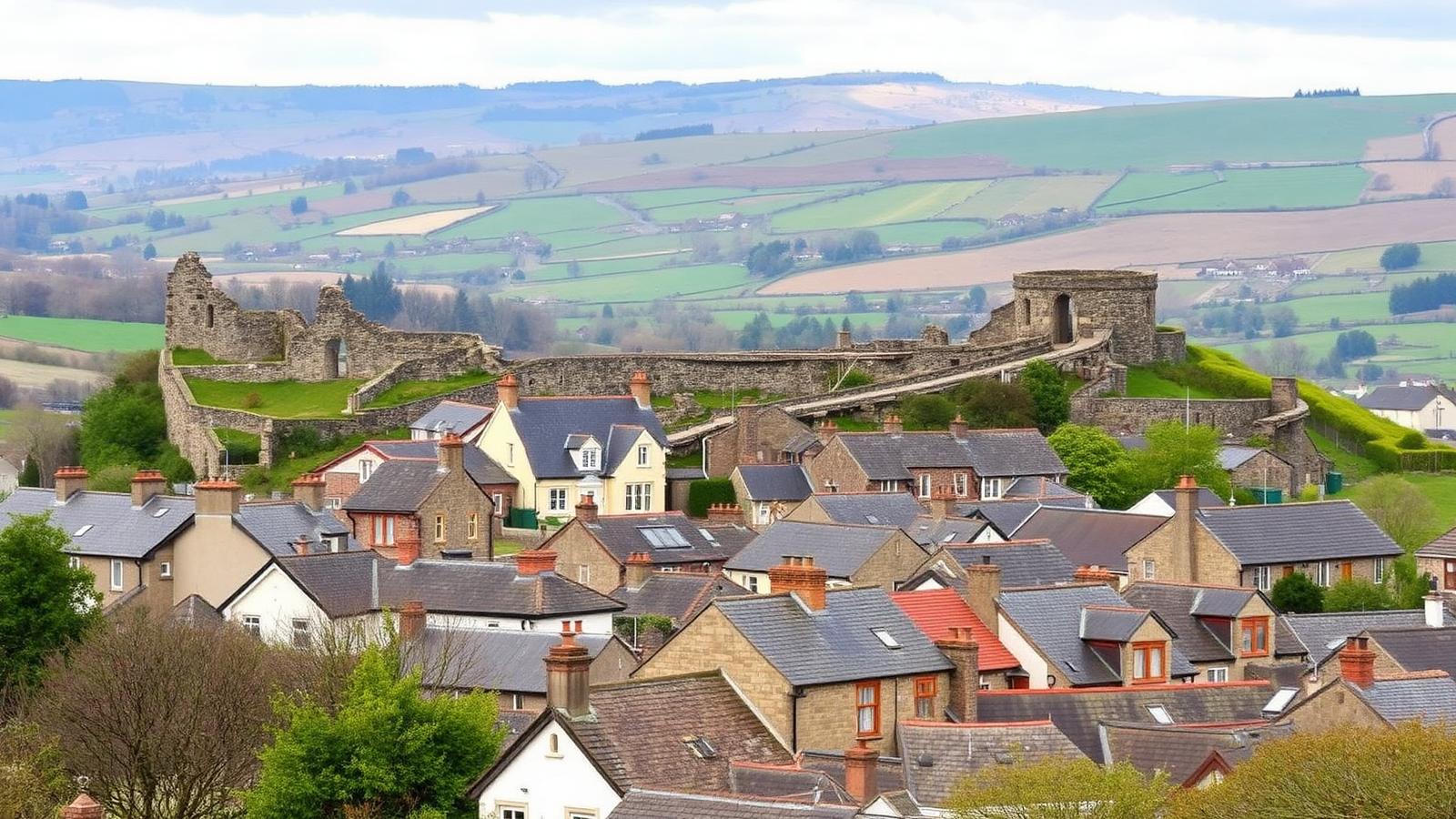Denbigh rooftops below the castle with the Vale of Clwyd beyond